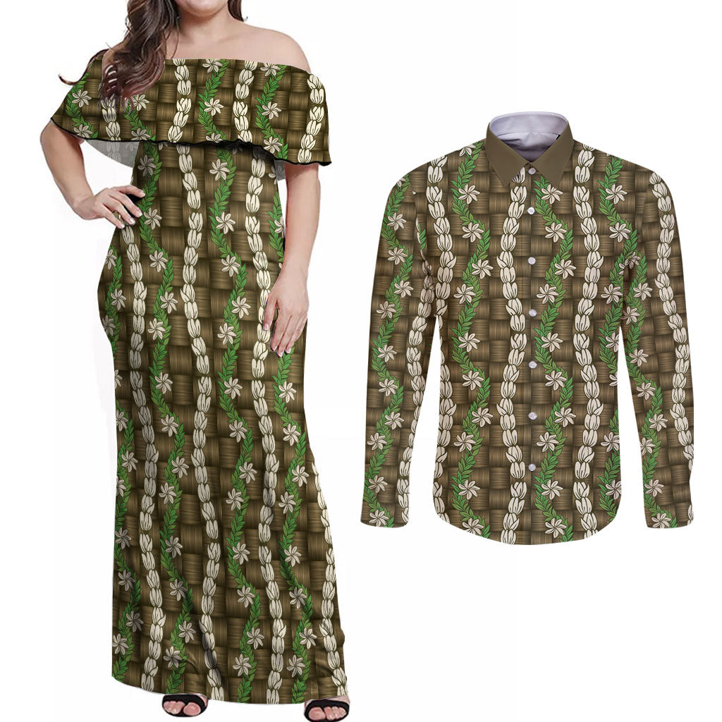 Pikake Maile Tiare Lei Couples Matching Off Shoulder Maxi Dress and Long Sleeve Button Shirt Natural Lauhala Pattern