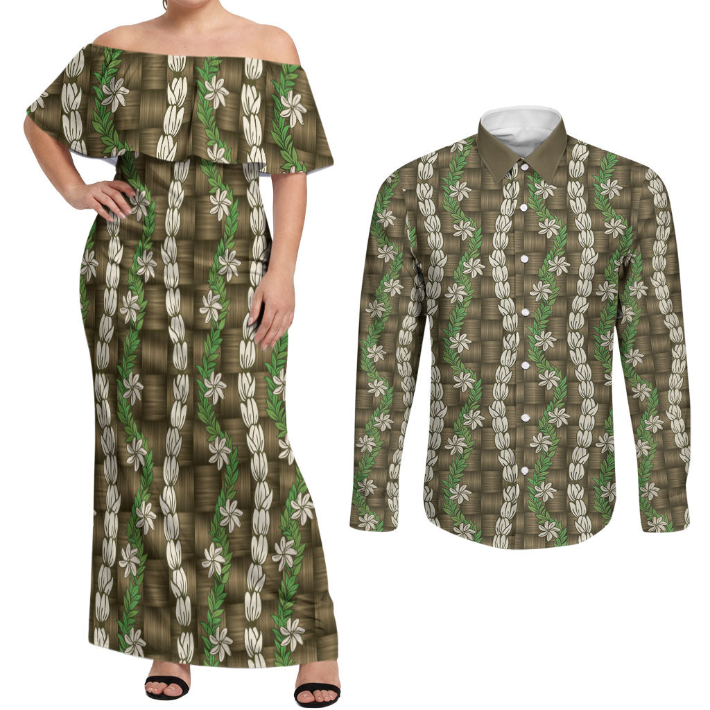 Pikake Maile Tiare Lei Couples Matching Off Shoulder Maxi Dress and Long Sleeve Button Shirt Natural Lauhala Pattern LT01 Brown - Polynesian Pride