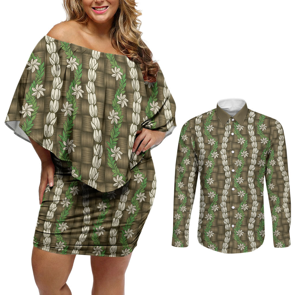 Pikake Maile Tiare Lei Couples Matching Off Shoulder Short Dress and Long Sleeve Button Shirt Natural Lauhala Pattern LT01 Brown - Polynesian Pride