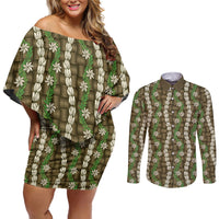 Pikake Maile Tiare Lei Couples Matching Off Shoulder Short Dress and Long Sleeve Button Shirt Natural Lauhala Pattern