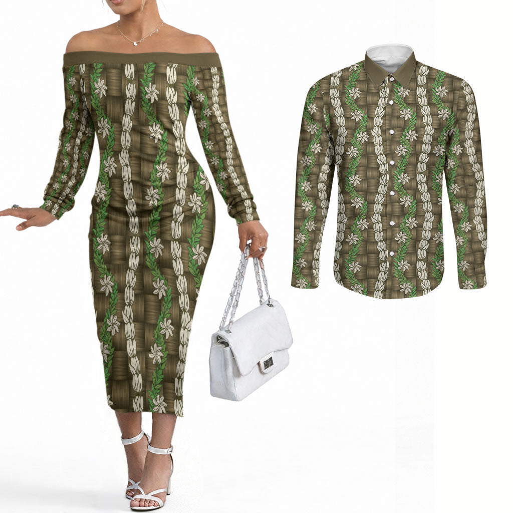 Pikake Maile Tiare Lei Couples Matching Off The Shoulder Long Sleeve Dress and Long Sleeve Button Shirt Natural Lauhala Pattern LT01 Brown - Polynesian Pride