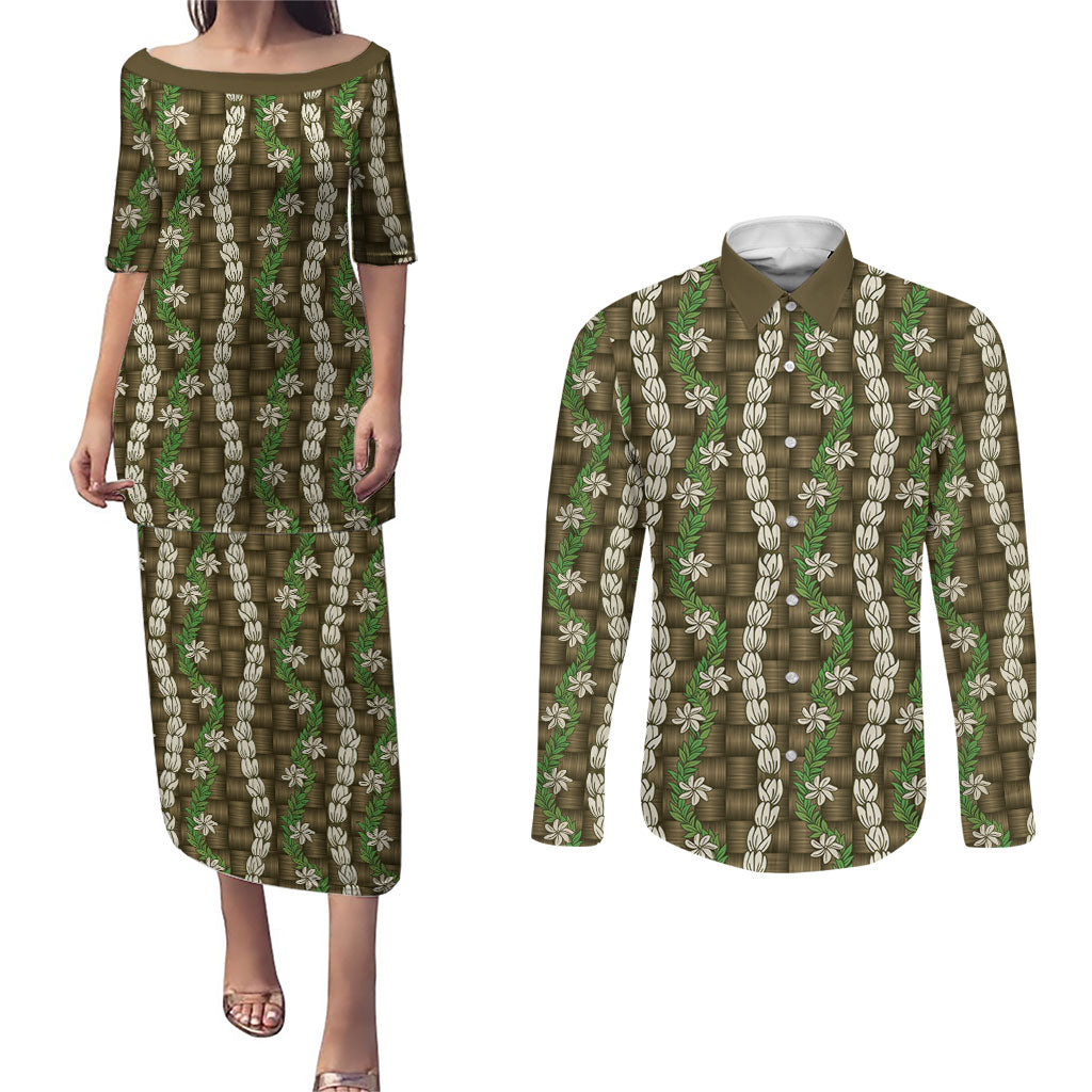 Pikake Maile Tiare Lei Couples Matching Puletasi and Long Sleeve Button Shirt Natural Lauhala Pattern