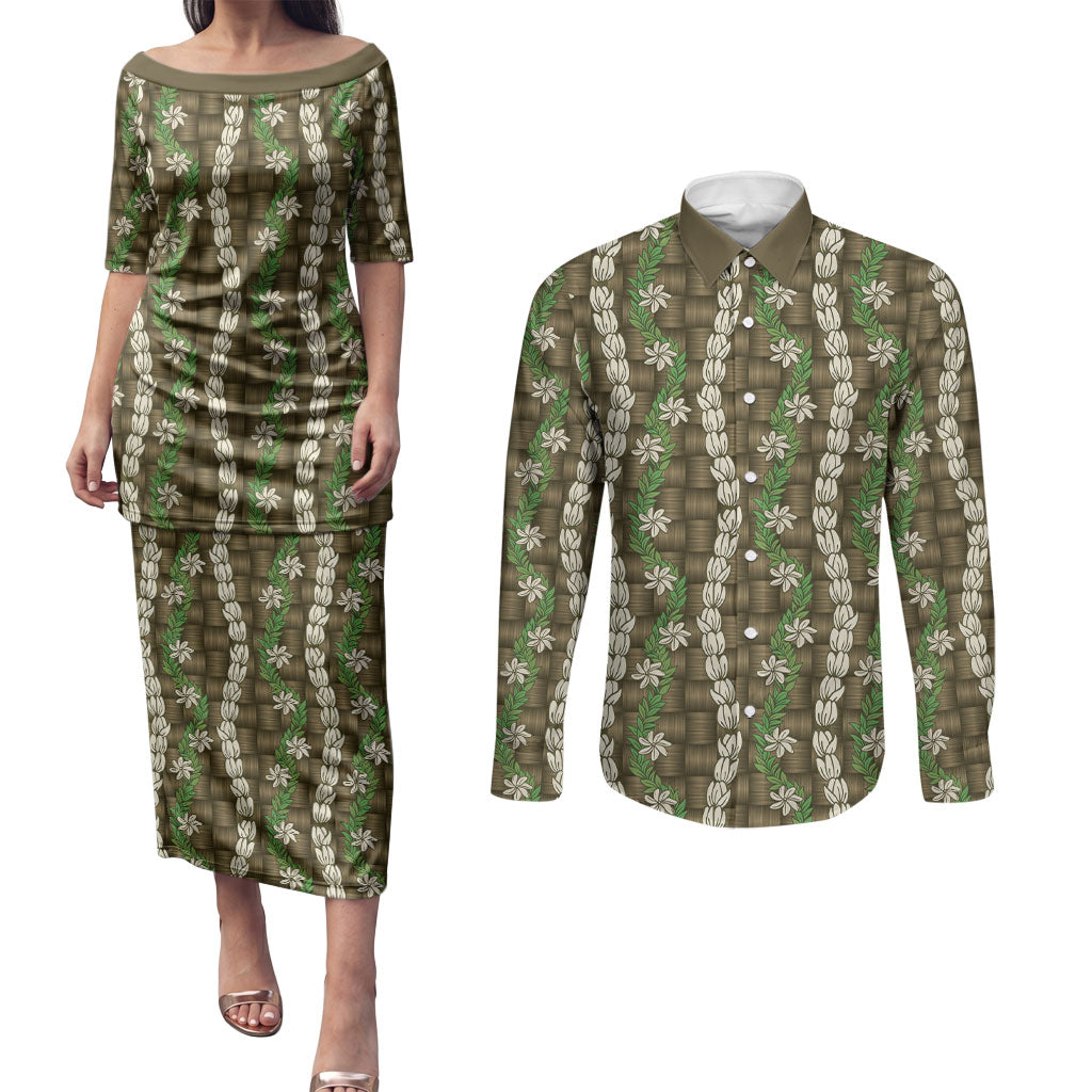 Pikake Maile Tiare Lei Couples Matching Puletasi and Long Sleeve Button Shirt Natural Lauhala Pattern LT01 Brown - Polynesian Pride