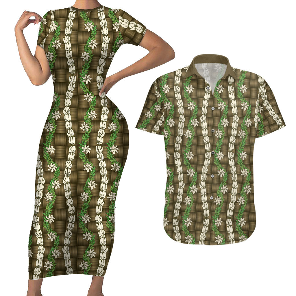 Pikake Maile Tiare Lei Couples Matching Short Sleeve Bodycon Dress and Hawaiian Shirt Natural Lauhala Pattern