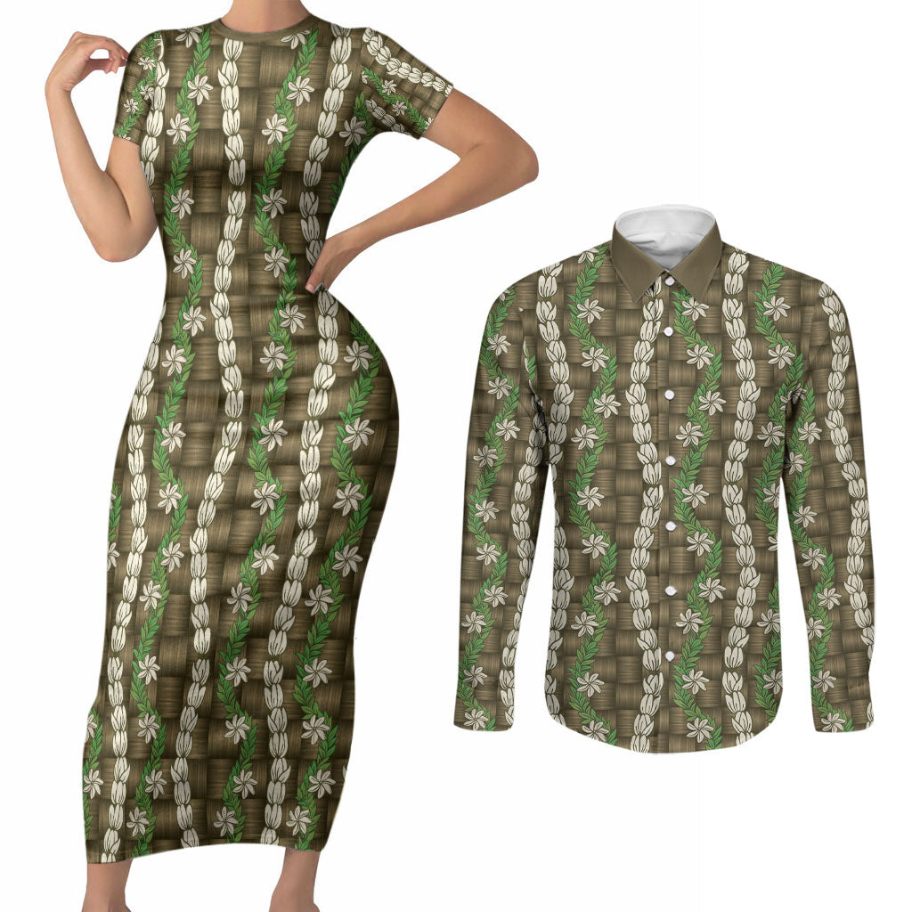 Pikake Maile Tiare Lei Couples Matching Short Sleeve Bodycon Dress and Long Sleeve Button Shirt Natural Lauhala Pattern LT01 Brown - Polynesian Pride