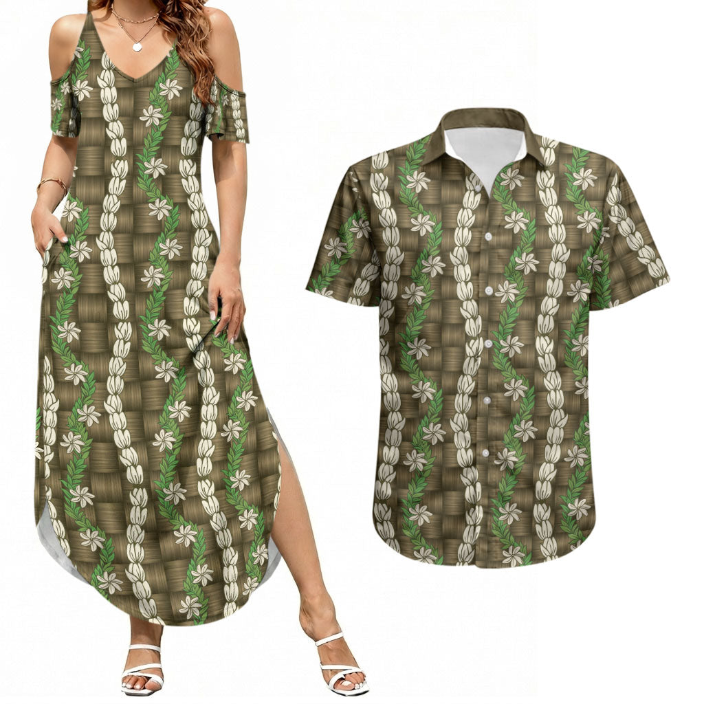 Pikake Maile Tiare Lei Couples Matching Summer Maxi Dress and Hawaiian Shirt Natural Lauhala Pattern LT01 Brown - Polynesian Pride