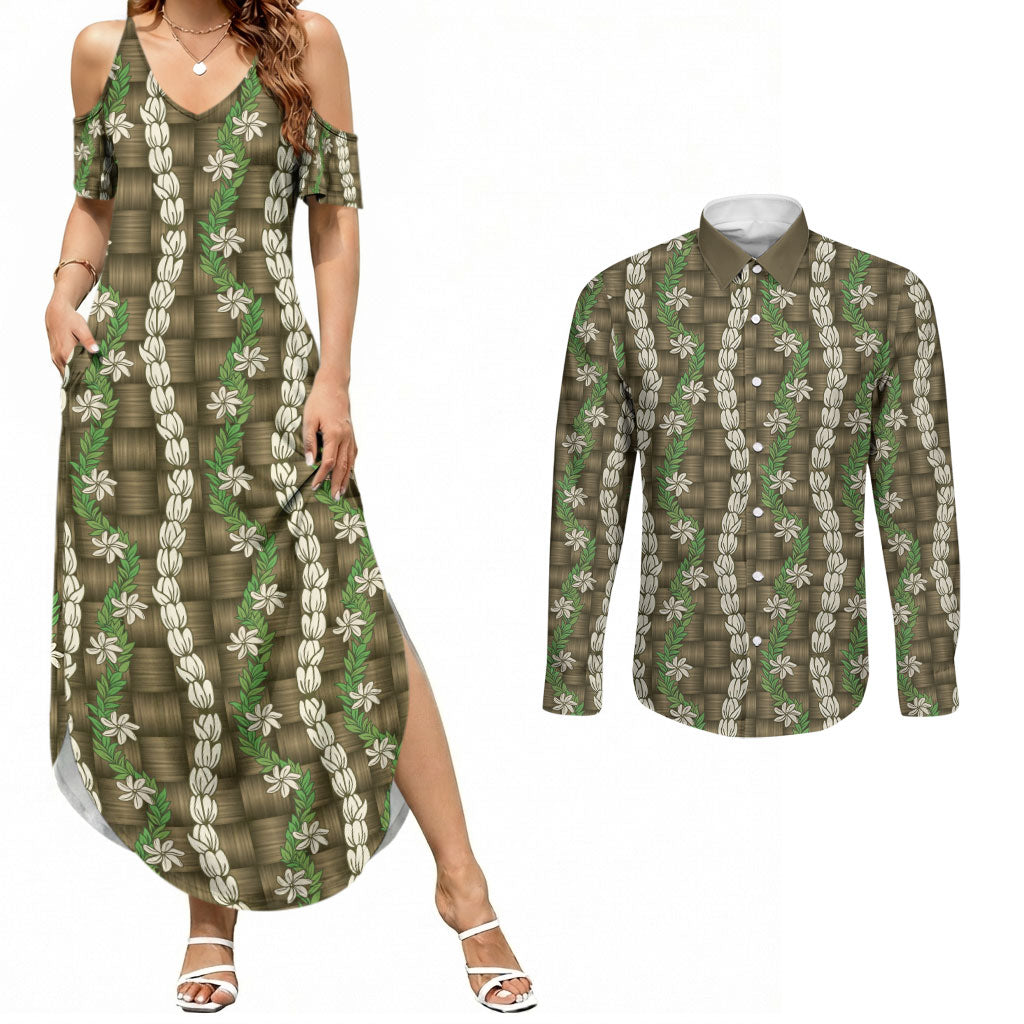 Pikake Maile Tiare Lei Couples Matching Summer Maxi Dress and Long Sleeve Button Shirt Natural Lauhala Pattern LT01 Brown - Polynesian Pride