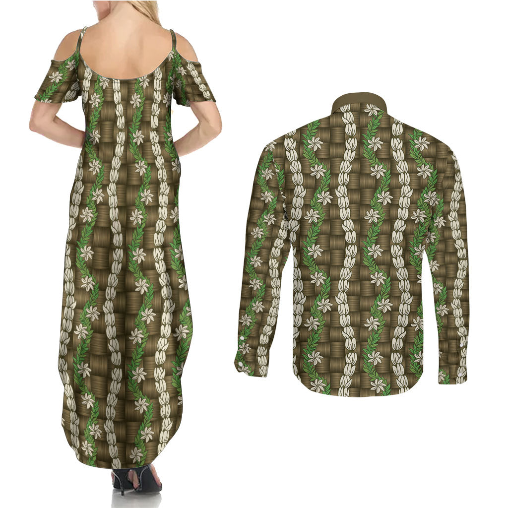 Pikake Maile Tiare Lei Couples Matching Summer Maxi Dress and Long Sleeve Button Shirt Natural Lauhala Pattern