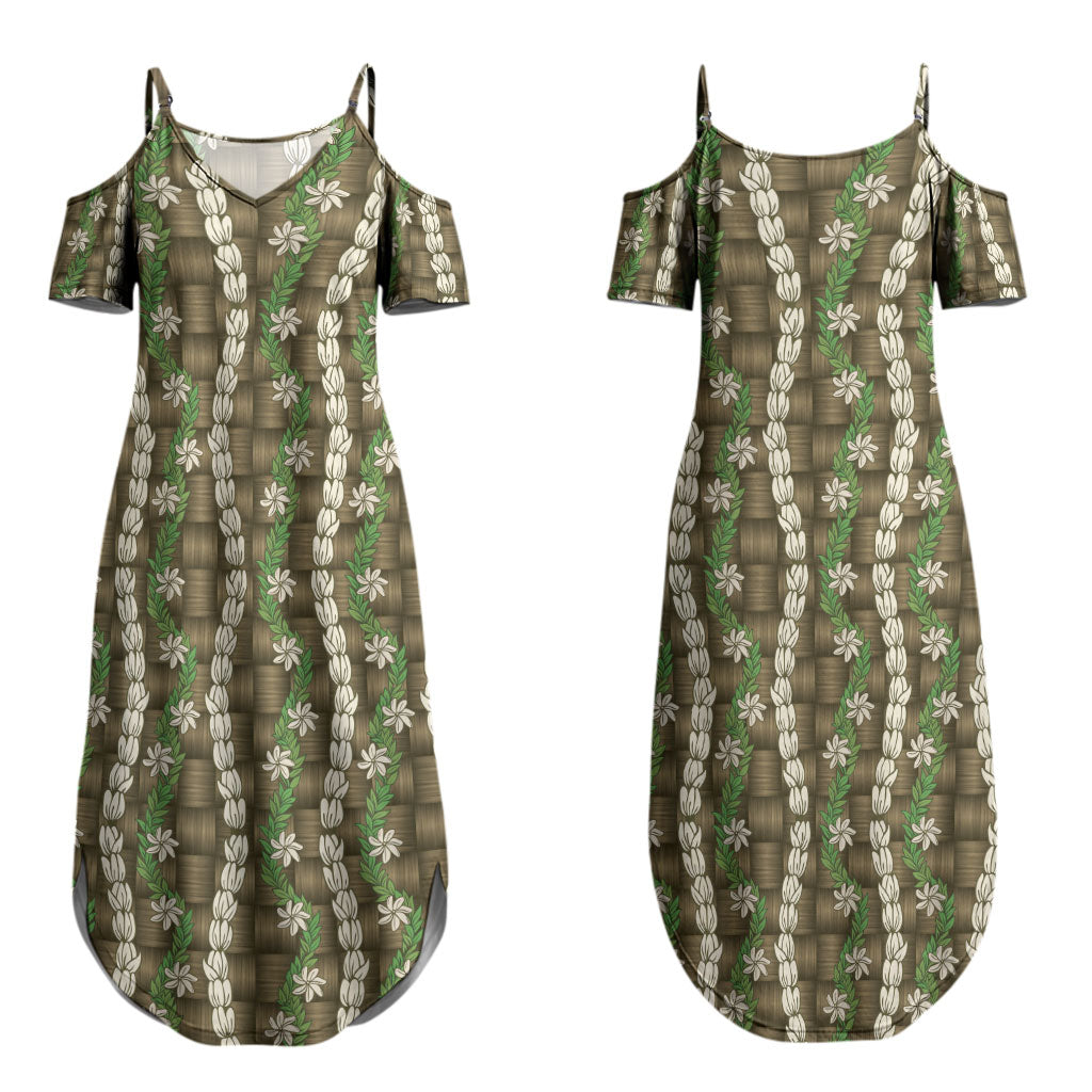 Pikake Maile Tiare Lei Couples Matching Summer Maxi Dress and Long Sleeve Button Shirt Natural Lauhala Pattern LT01 - Polynesian Pride