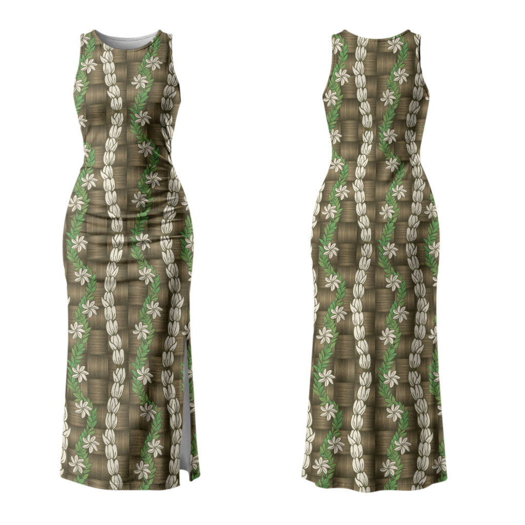 Pikake Maile Tiare Lei Couples Matching Tank Maxi Dress and Hawaiian Shirt Natural Lauhala Pattern LT01 - Polynesian Pride