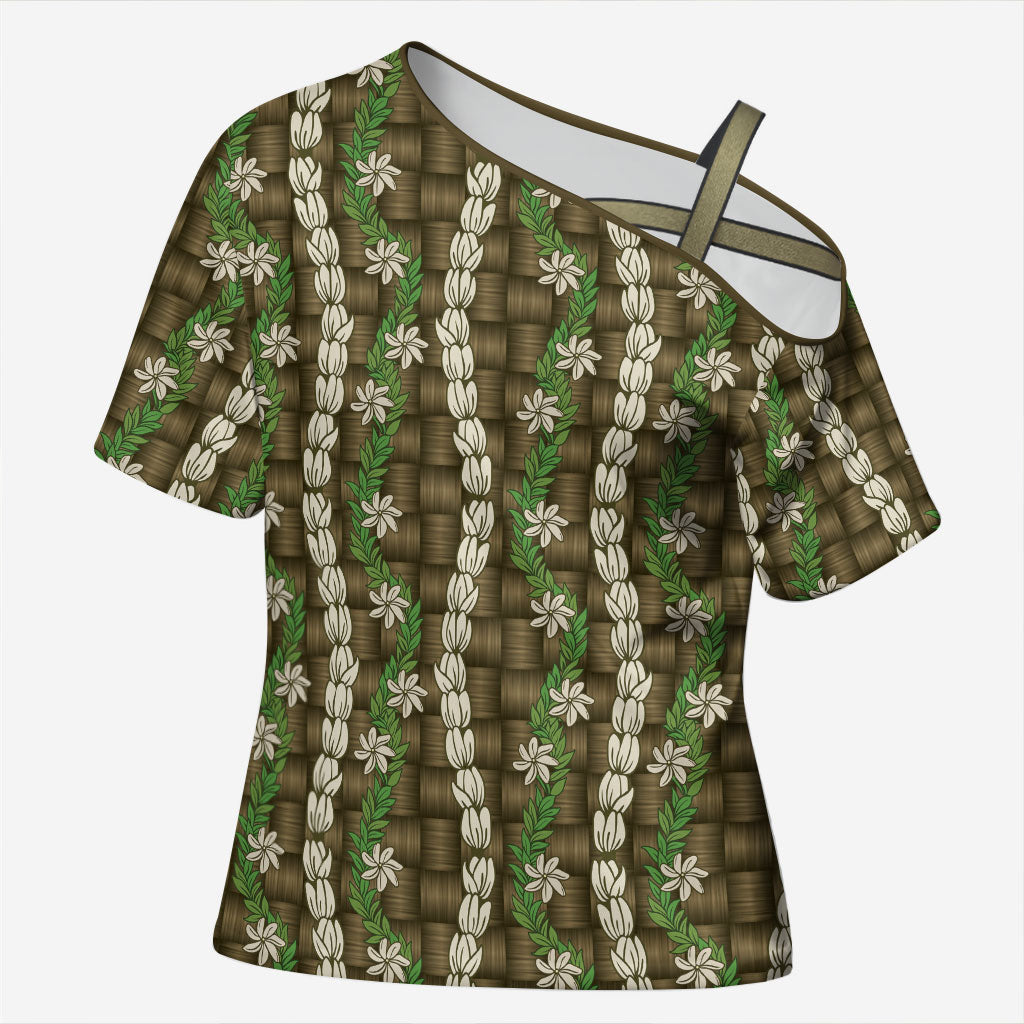 Pikake Maile Tiare Lei Cross Shoulder Shirt Natural Lauhala Pattern LT01 Female Brown - Polynesian Pride