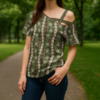 Pikake Maile Tiare Lei Cross Shoulder Shirt Natural Lauhala Pattern