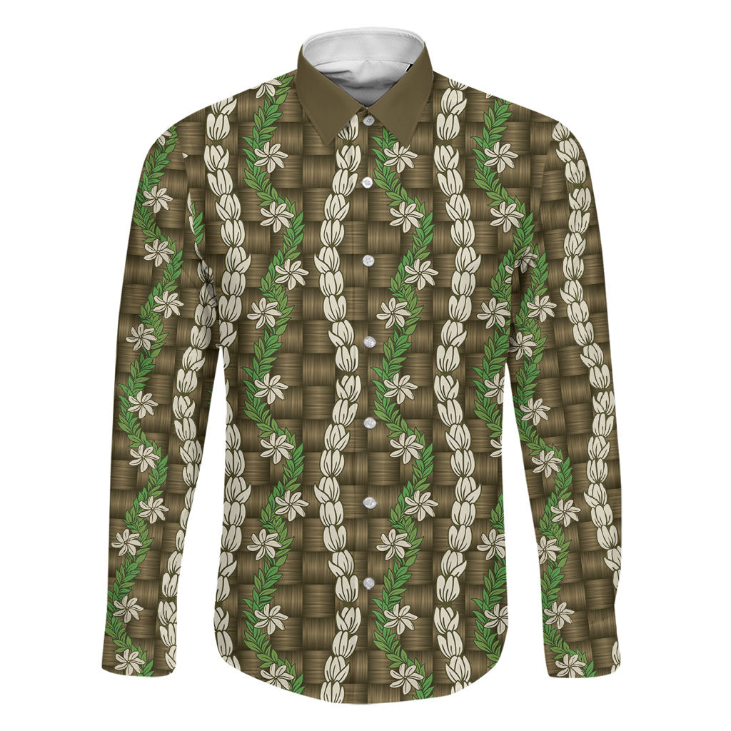 Pikake Maile Tiare Lei Family Matching Long Sleeve Bodycon Dress and Hawaiian Shirt Natural Lauhala Pattern LT01 Dad's Shirt - Long Sleeve Brown - Polynesian Pride