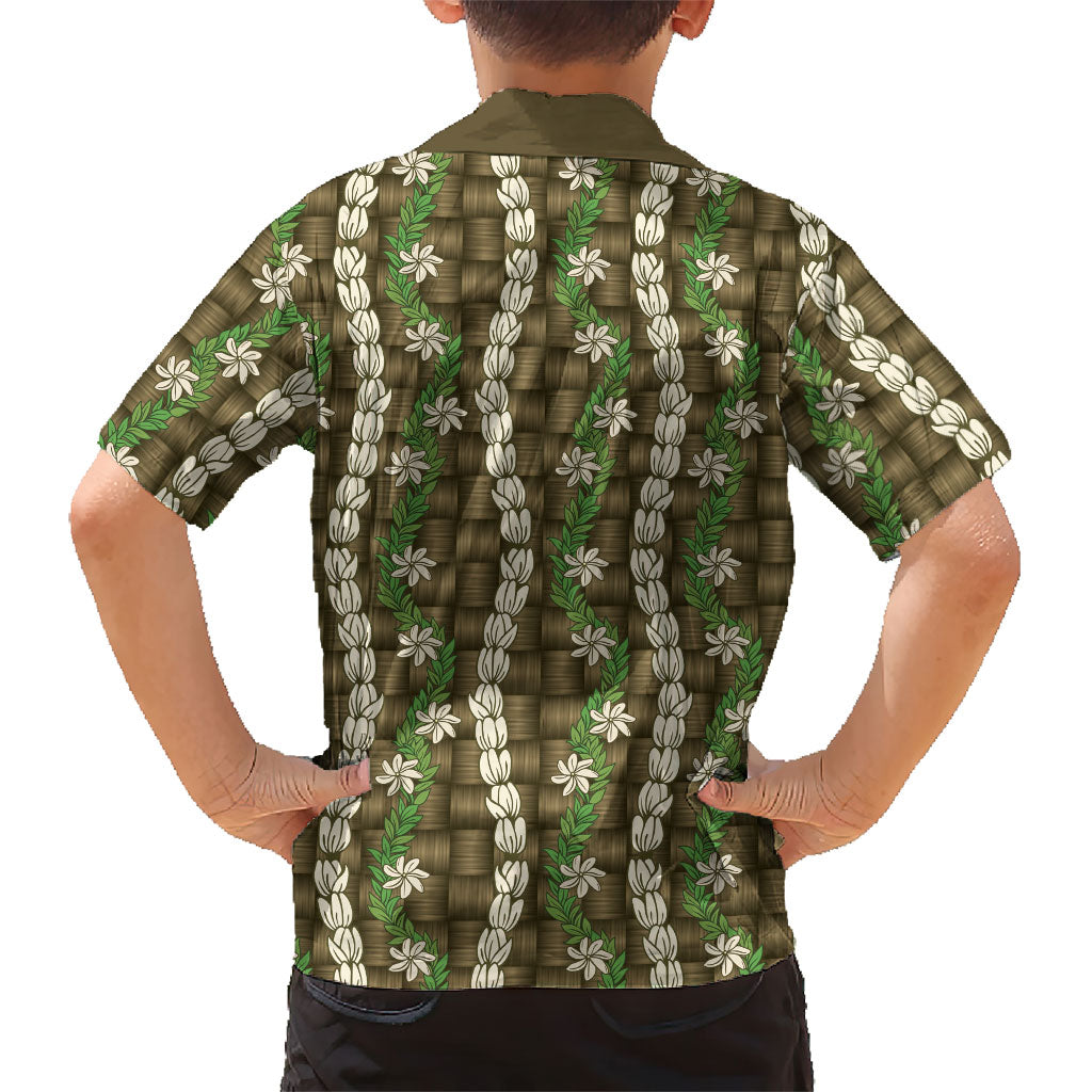 Pikake Maile Tiare Lei Family Matching Off The Shoulder Long Sleeve Dress and Hawaiian Shirt Natural Lauhala Pattern LT01 - Polynesian Pride