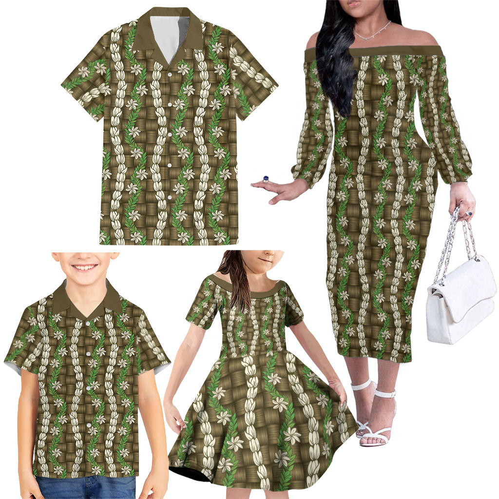 Pikake Maile Tiare Lei Family Matching Off The Shoulder Long Sleeve Dress and Hawaiian Shirt Natural Lauhala Pattern LT01 - Polynesian Pride