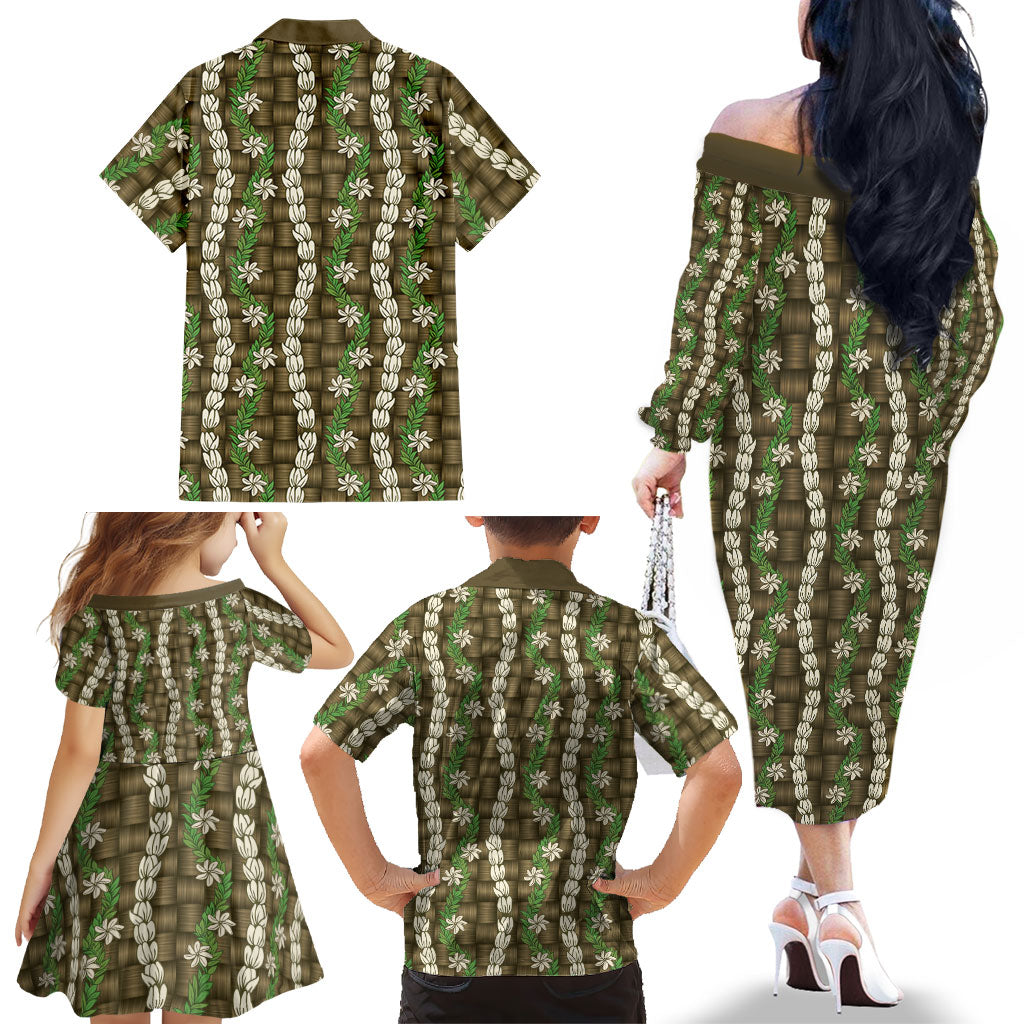Pikake Maile Tiare Lei Family Matching Off The Shoulder Long Sleeve Dress and Hawaiian Shirt Natural Lauhala Pattern LT01 - Polynesian Pride