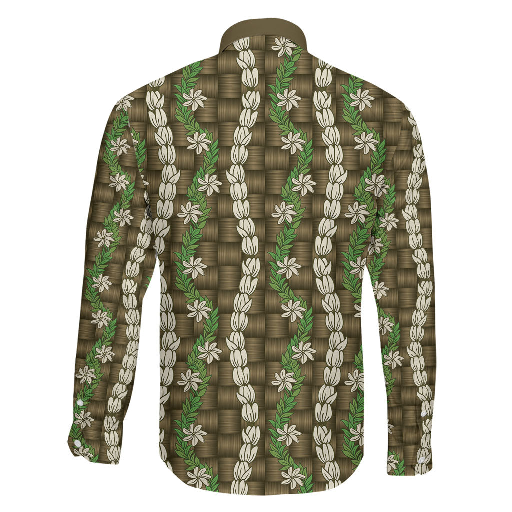 Pikake Maile Tiare Lei Family Matching Off The Shoulder Long Sleeve Dress and Hawaiian Shirt Natural Lauhala Pattern LT01 - Polynesian Pride