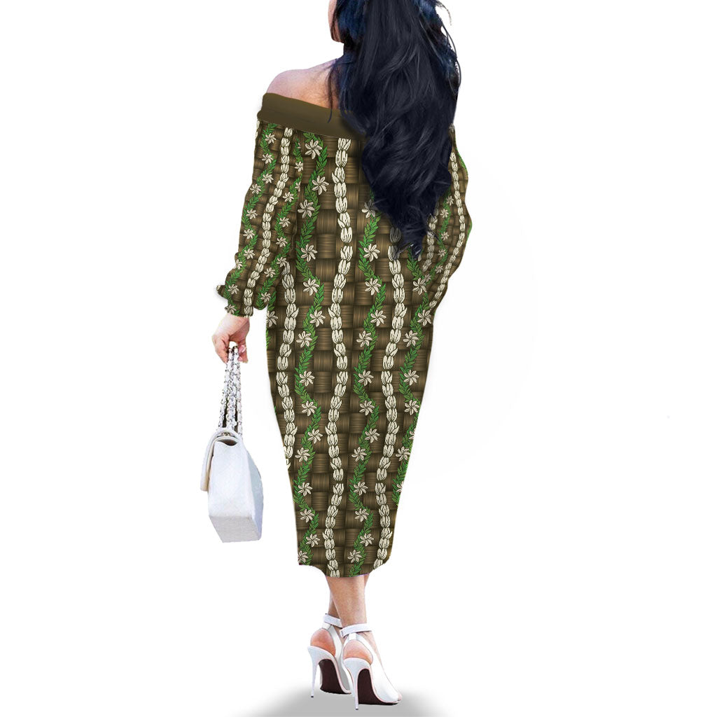 Pikake Maile Tiare Lei Family Matching Off The Shoulder Long Sleeve Dress and Hawaiian Shirt Natural Lauhala Pattern LT01 - Polynesian Pride