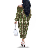 Pikake Maile Tiare Lei Family Matching Off The Shoulder Long Sleeve Dress and Hawaiian Shirt Natural Lauhala Pattern LT01 - Polynesian Pride
