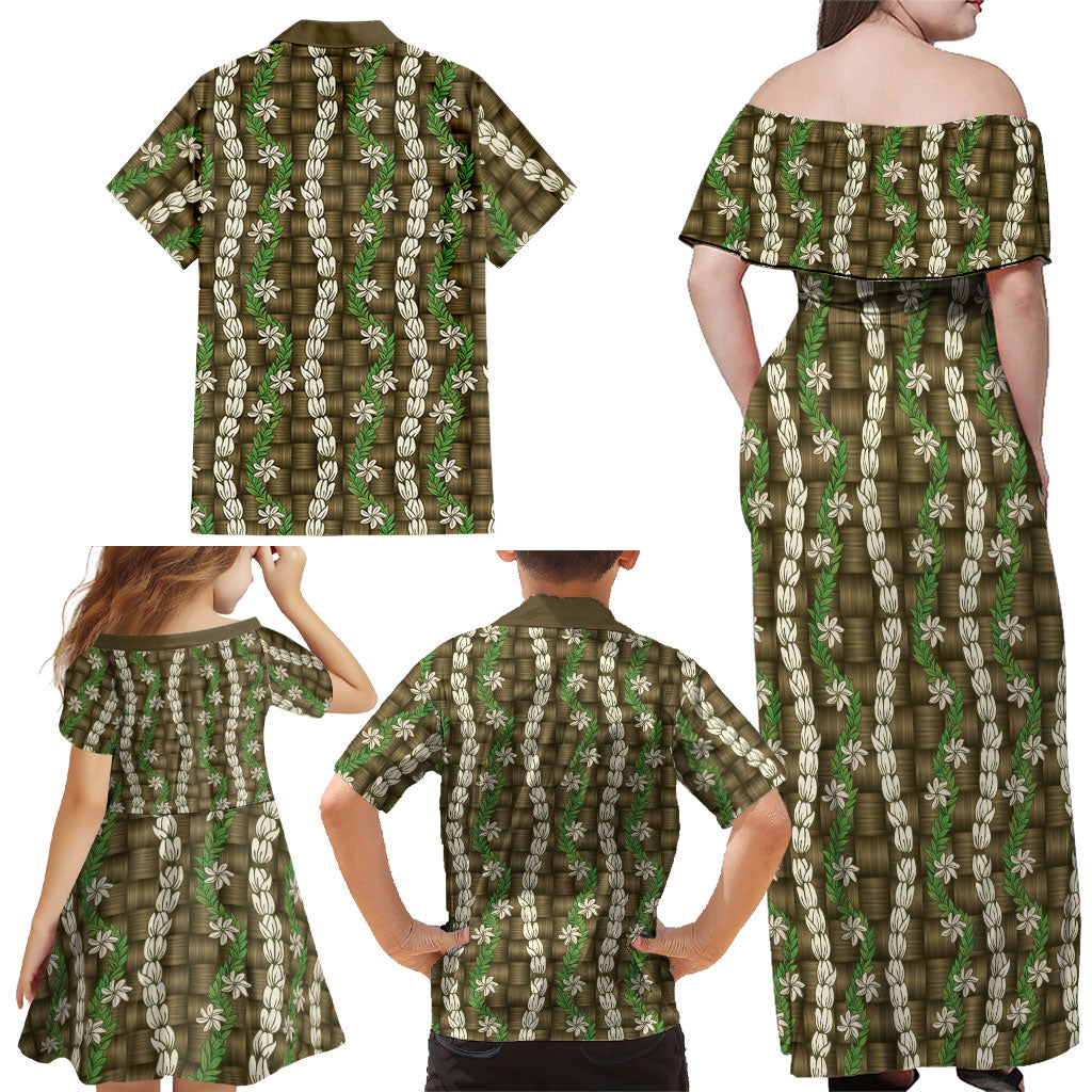 Pikake Maile Tiare Lei Family Matching Off Shoulder Maxi Dress and Hawaiian Shirt Natural Lauhala Pattern LT01 - Polynesian Pride