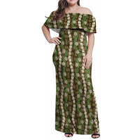 Pikake Maile Tiare Lei Family Matching Off Shoulder Maxi Dress and Hawaiian Shirt Natural Lauhala Pattern LT01 Mom's Dress Brown - Polynesian Pride