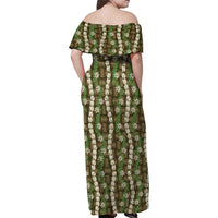 Pikake Maile Tiare Lei Family Matching Off Shoulder Maxi Dress and Hawaiian Shirt Natural Lauhala Pattern LT01 - Polynesian Pride