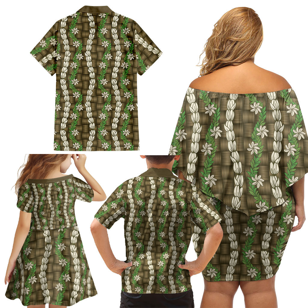 Pikake Maile Tiare Lei Family Matching Off Shoulder Short Dress and Hawaiian Shirt Natural Lauhala Pattern LT01 - Polynesian Pride