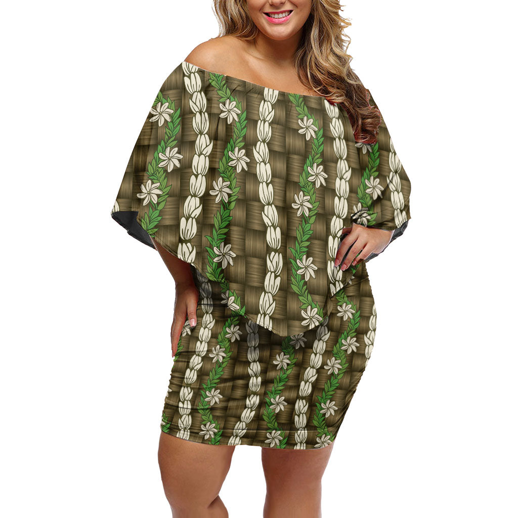 Pikake Maile Tiare Lei Family Matching Off Shoulder Short Dress and Hawaiian Shirt Natural Lauhala Pattern LT01 Mom's Dress Brown - Polynesian Pride