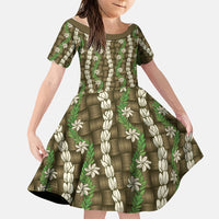 Pikake Maile Tiare Lei Family Matching Short Sleeve Bodycon Dress and Hawaiian Shirt Natural Lauhala Pattern LT01 Daughter's Dress Brown - Polynesian Pride