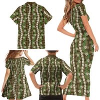 Pikake Maile Tiare Lei Family Matching Short Sleeve Bodycon Dress and Hawaiian Shirt Natural Lauhala Pattern LT01 - Polynesian Pride