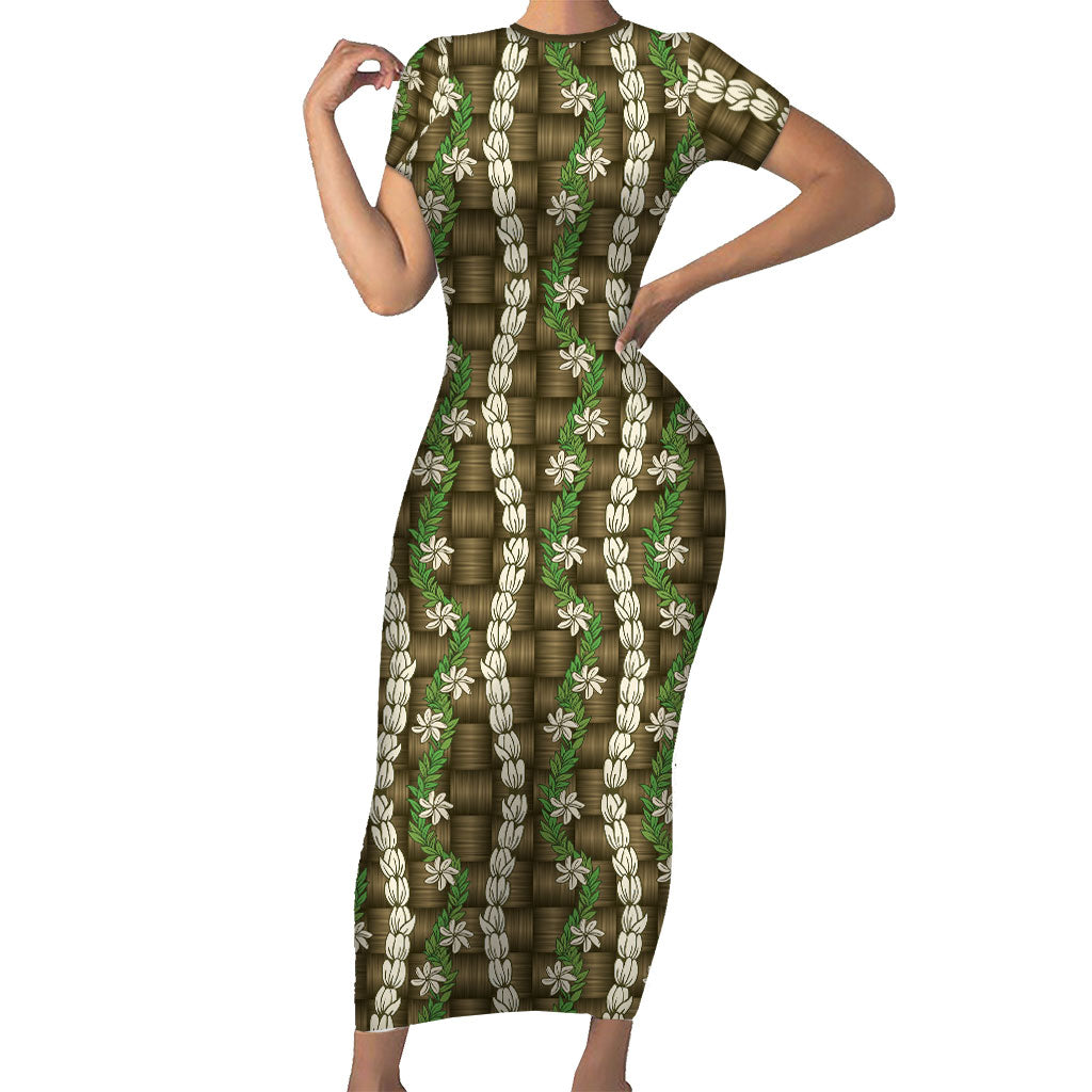 Pikake Maile Tiare Lei Family Matching Short Sleeve Bodycon Dress and Hawaiian Shirt Natural Lauhala Pattern LT01 Mom's Dress Brown - Polynesian Pride