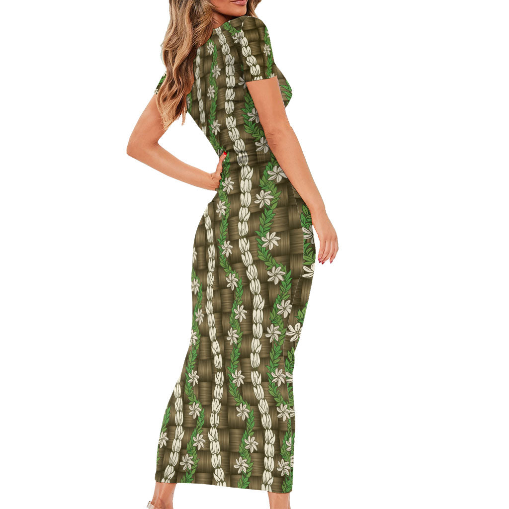 Pikake Maile Tiare Lei Family Matching Short Sleeve Bodycon Dress and Hawaiian Shirt Natural Lauhala Pattern LT01 - Polynesian Pride