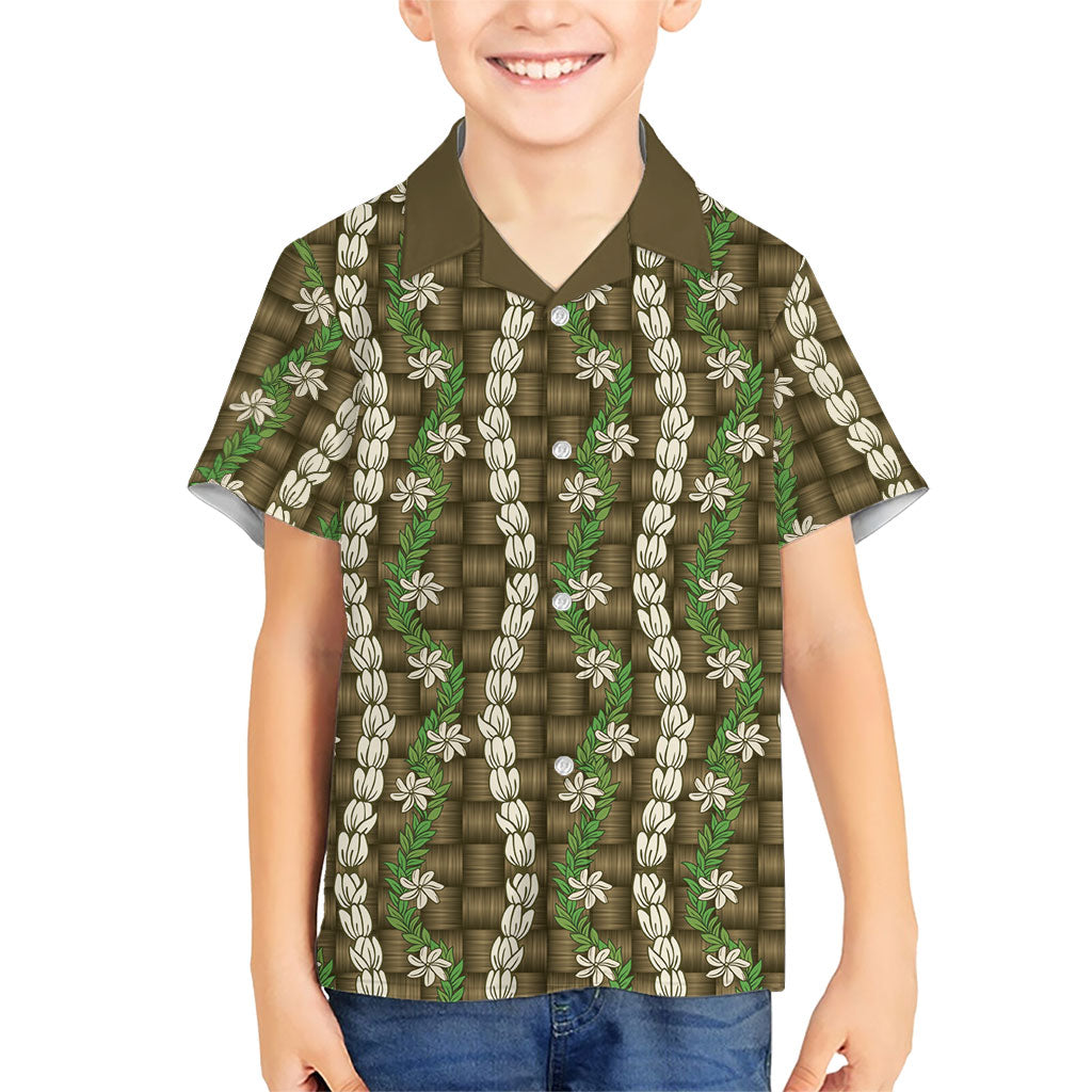 Pikake Maile Tiare Lei Family Matching Short Sleeve Bodycon Dress and Hawaiian Shirt Natural Lauhala Pattern LT01 Son's Shirt Brown - Polynesian Pride