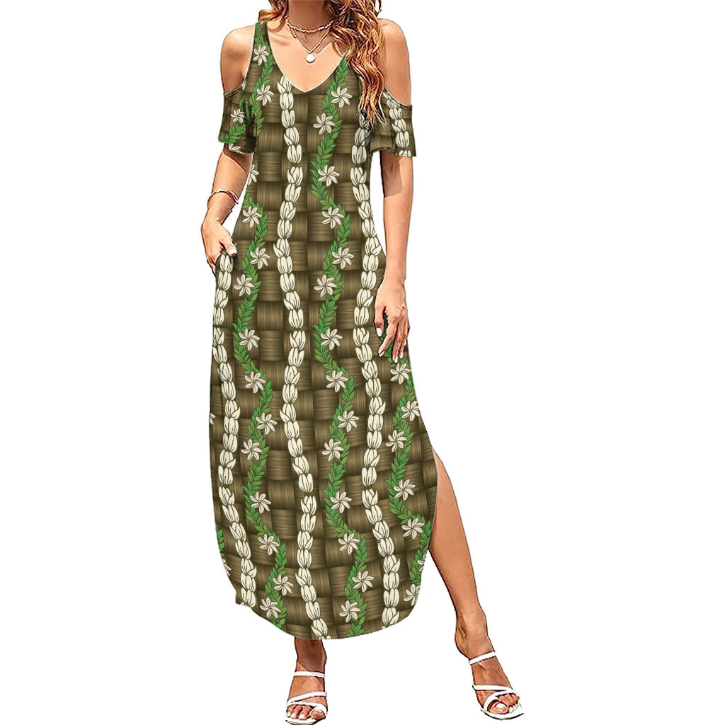 Pikake Maile Tiare Lei Family Matching Summer Maxi Dress and Hawaiian Shirt Natural Lauhala Pattern LT01 Mom's Dress Brown - Polynesian Pride