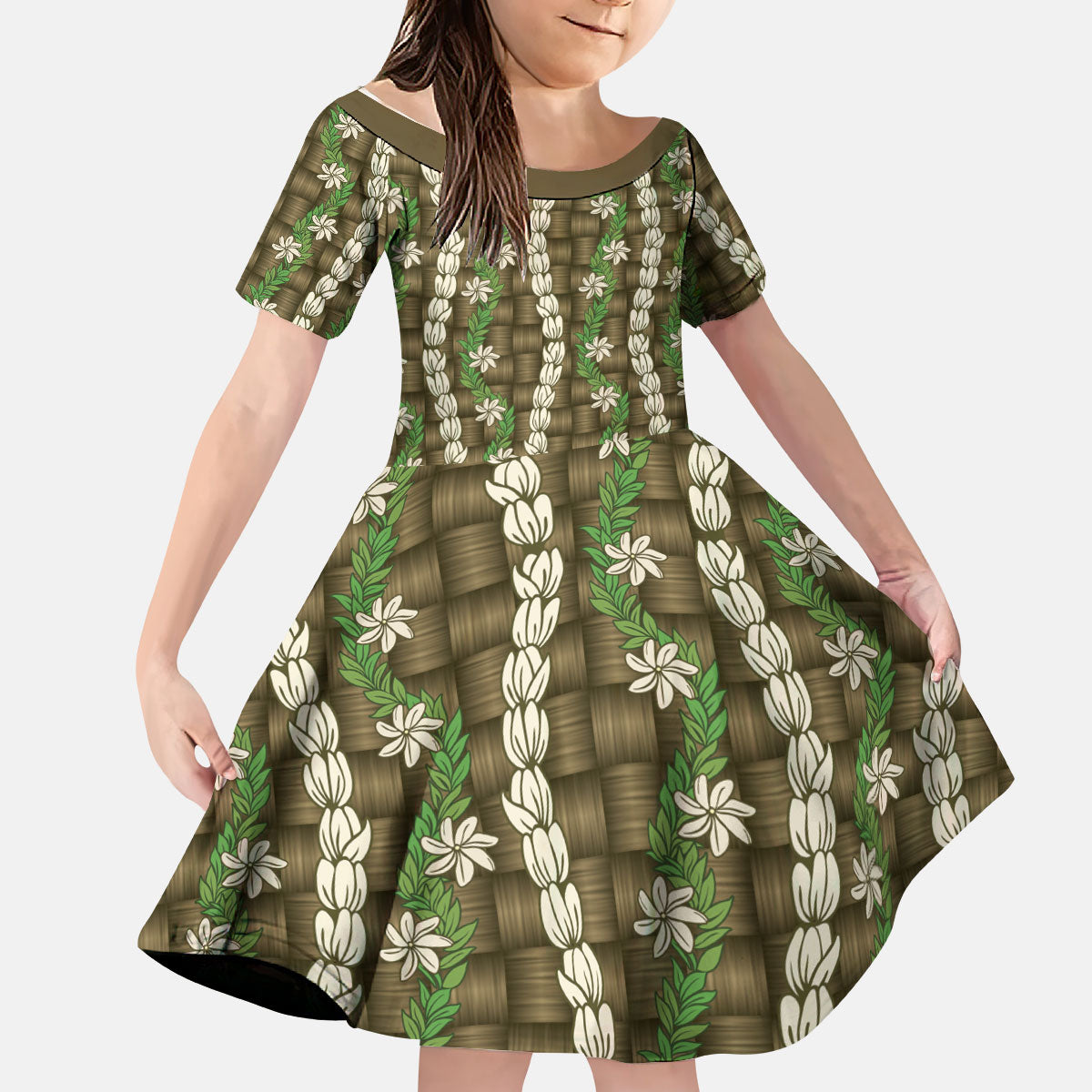 Pikake Maile Tiare Lei Kid Short Sleeve Dress Natural Lauhala Pattern