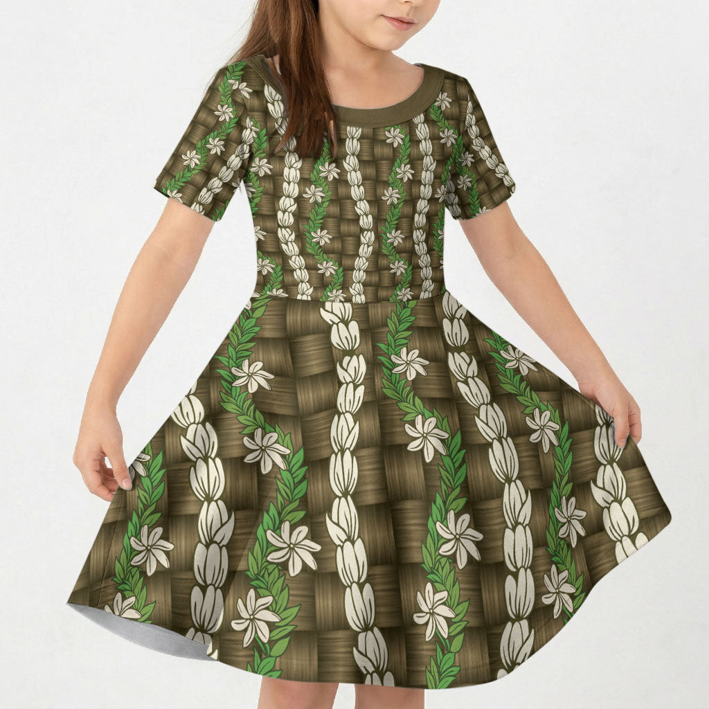 Pikake Maile Tiare Lei Kid Short Sleeve Dress Natural Lauhala Pattern LT01 KID Brown - Polynesian Pride