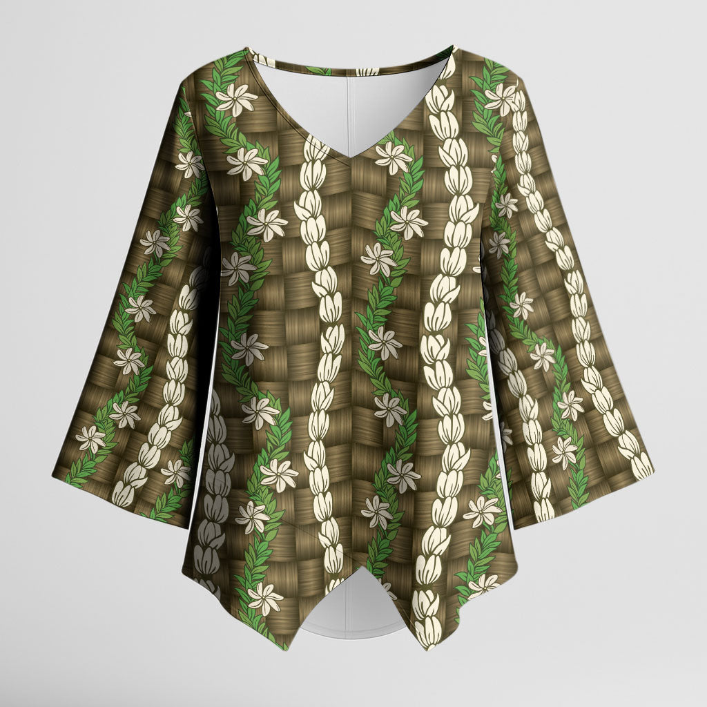 Pikake Maile Tiare Lei Kimono Sleeve Blouse Natural Lauhala Pattern LT01 Female Brown - Polynesian Pride