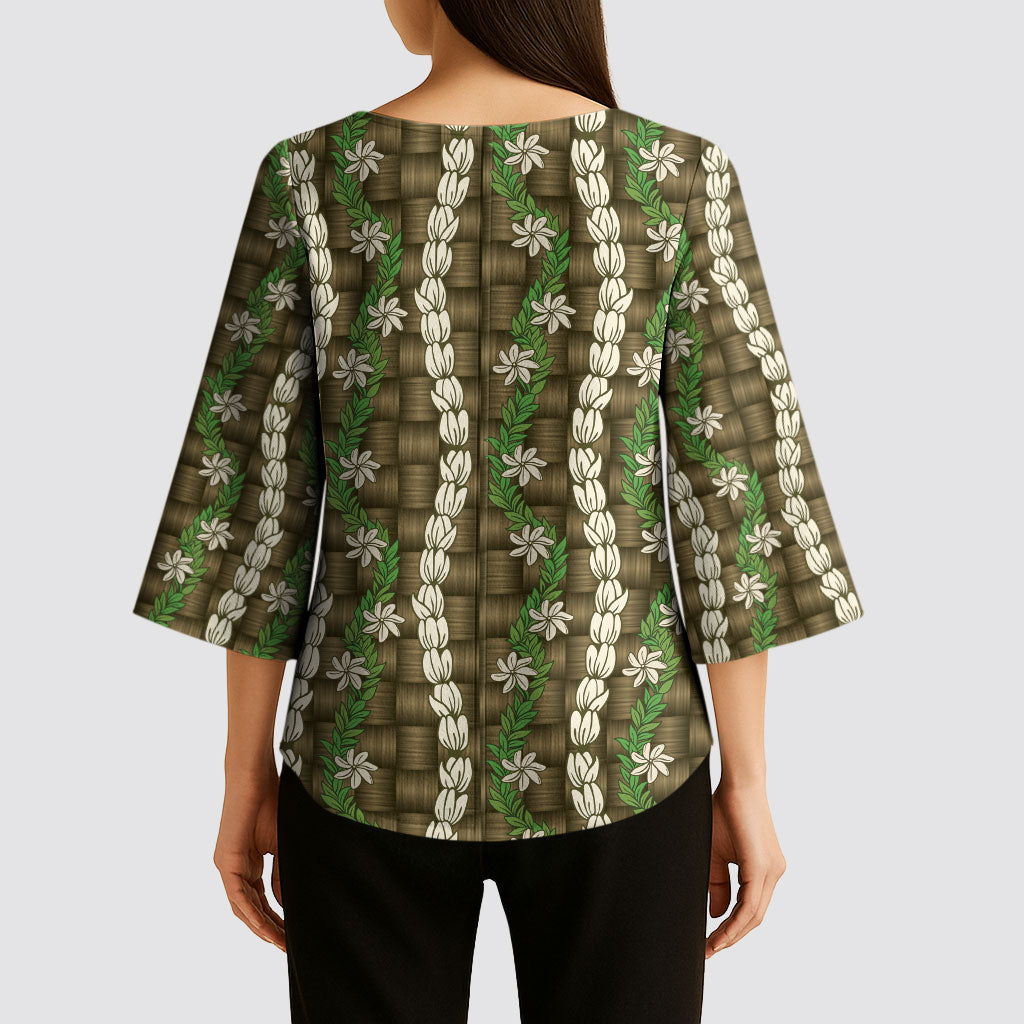 Pikake Maile Tiare Lei Kimono Sleeve Blouse Natural Lauhala Pattern