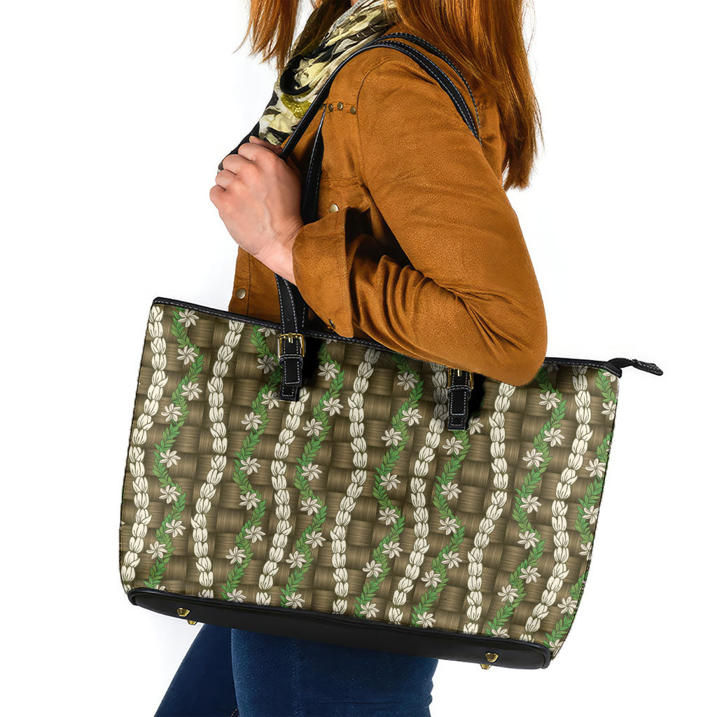 Pikake Maile Tiare Lei Leather Tote Bag Natural Lauhala Pattern LT01 Brown - Polynesian Pride