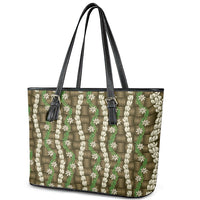 Pikake Maile Tiare Lei Leather Tote Bag Natural Lauhala Pattern