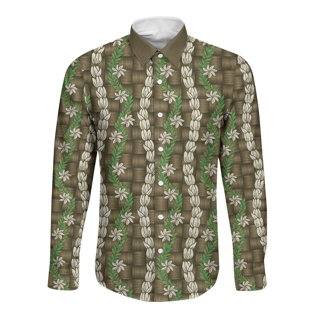 Pikake Maile Tiare Lei Long Sleeve Button Shirt Natural Lauhala Pattern LT01 Unisex Brown - Polynesian Pride