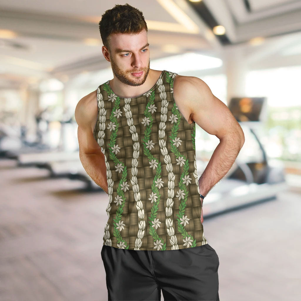 Pikake Maile Tiare Lei Men Tank Top Natural Lauhala Pattern LT01 Brown - Polynesian Pride
