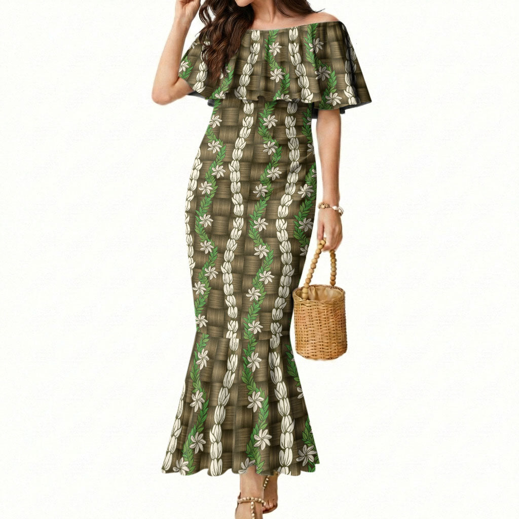 Pikake Maile Tiare Lei Mermaid Dress Natural Lauhala Pattern LT01 Women Brown - Polynesian Pride