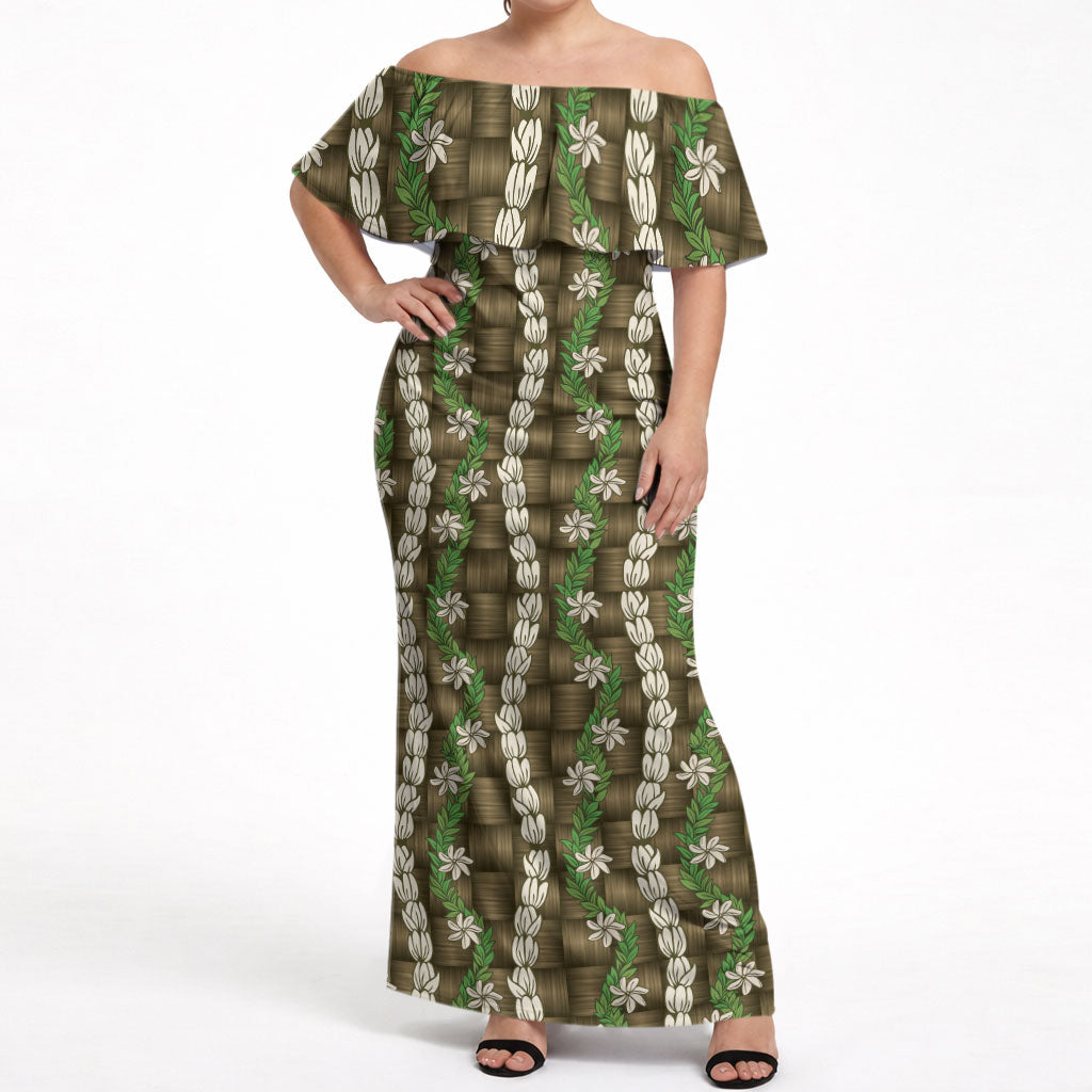 Pikake Maile Tiare Lei Off Shoulder Maxi Dress Natural Lauhala Pattern LT01 Women Brown - Polynesian Pride