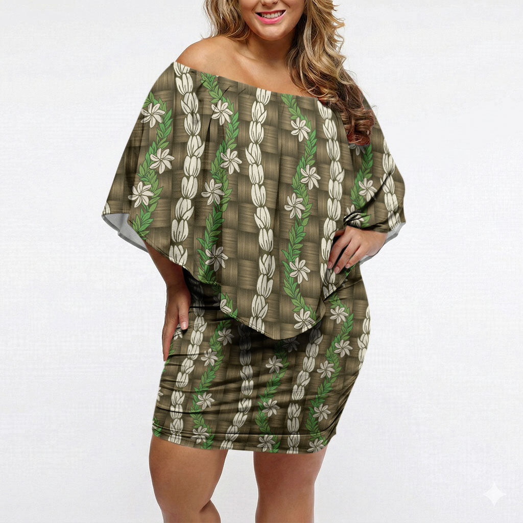 Pikake Maile Tiare Lei Off Shoulder Short Dress Natural Lauhala Pattern LT01 Women Brown - Polynesian Pride
