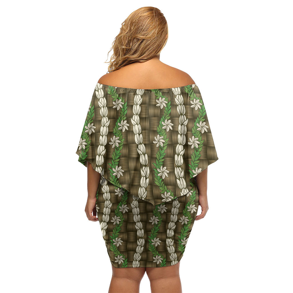 Pikake Maile Tiare Lei Off Shoulder Short Dress Natural Lauhala Pattern