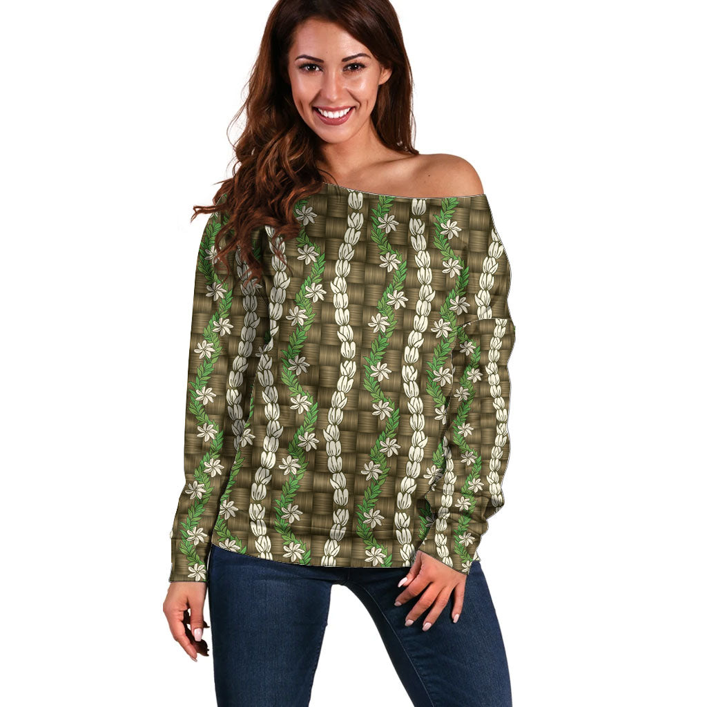 Pikake Maile Tiare Lei Off Shoulder Sweater Natural Lauhala Pattern LT01 Women Brown - Polynesian Pride