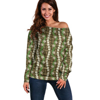 Pikake Maile Tiare Lei Off Shoulder Sweater Natural Lauhala Pattern