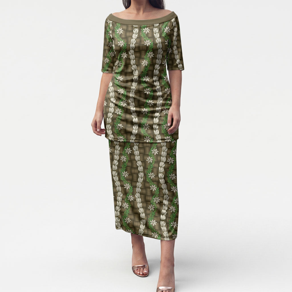 Pikake Maile Tiare Lei Puletasi Natural Lauhala Pattern LT01 Long Dress Brown - Polynesian Pride