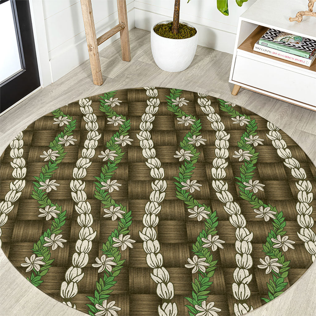 Pikake Maile Tiare Lei Round Carpet Natural Lauhala Pattern